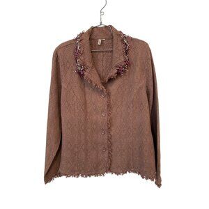 Focus Button Front Blazer Jacket Size Large Textured Fringe Trim Neutral Career